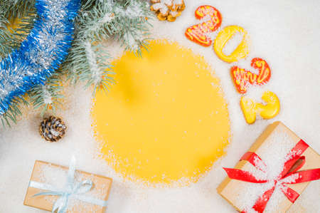 New years 2022 holidays composition on snow backgroundの写真素材