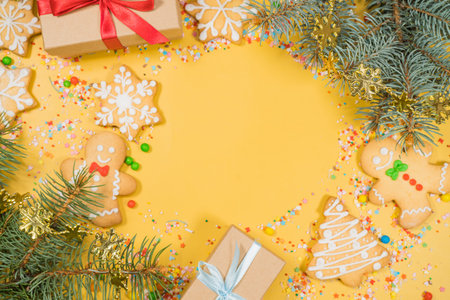 Christmas of gingerbread cookies in different shapes on yellow surface. Flat lay, top view, copy...