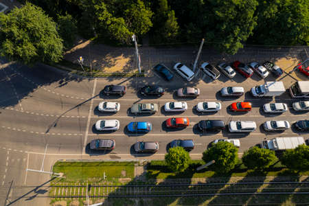Transport Aerials - top down view of freeway busy city rush hour heavy traffic jam highway.の写真素材