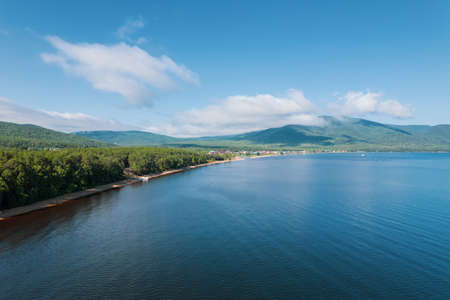 Summertime imagery of Lake Baikal is a rift lake located in southern Siberia, Russia Baikal lake summer landscape view from a cliff near Grandmas Bay. Drones Eye View.の写真素材