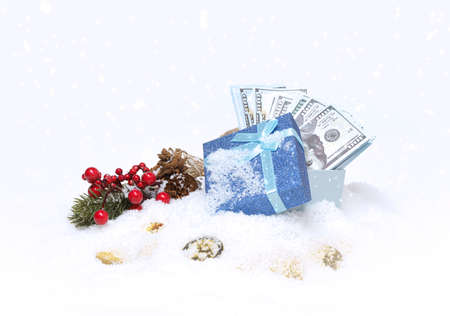 Gift box with money dollars stands on the snowの写真素材