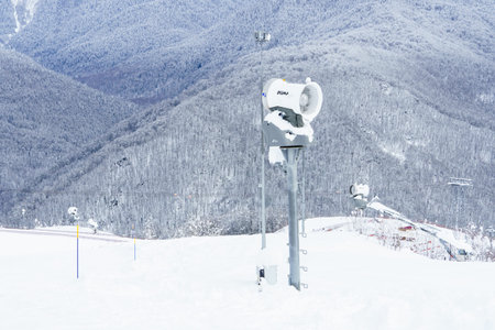 Winter mountain landscape: The Rosa Khutor Alpine Resort near Krasnaya Polyana panoramic background.