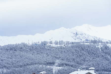 Winter mountain landscape: The Rosa Khutor Alpine Resort near Krasnaya Polyana panoramic background.
