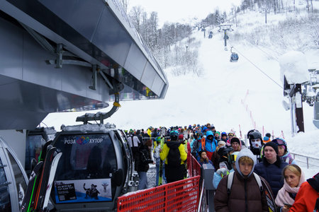 Rosa Khutor Russia - January, 2022, alpine ski resort in Krasnodar Krai, located at the Aibga Ridge...