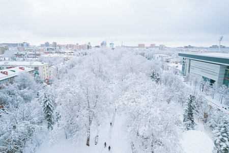 Aerial view of snowy Krasnodar city in 2022, winter landscapes in city.のeditorial素材