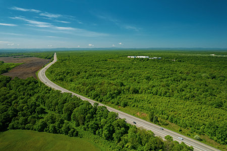 Aerial flying over speed intercity highway on which vehicles are driving.Summer sunny day near by...