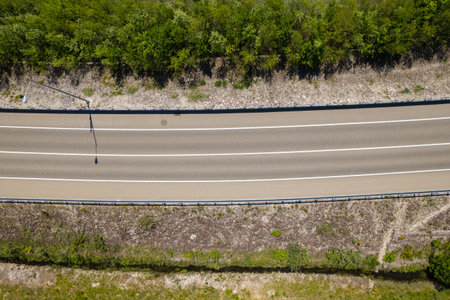 Road through the green forest, aerial view car drive going through forest, top down view forest,...