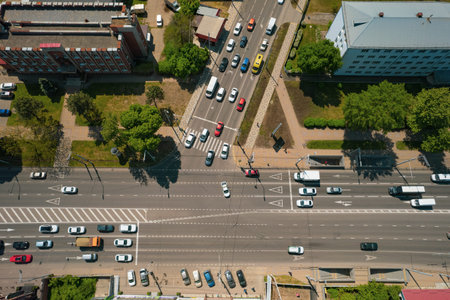 Directly above view of road with traffic, road infrastructure. Resolving of car traffic jam.
