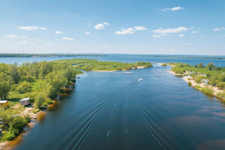 Aerial landscape view on Volga river with islands and green forest. Picturesque panoramic view from...