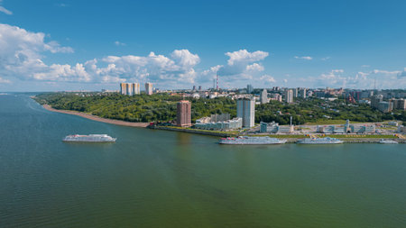 Scenic aerial view of Cheboksary, capital city of Chuvashia, Russia and a port on the Volga River on sunny summer day.の写真素材