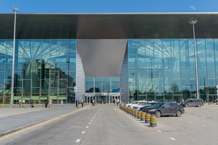 Novosibirsk, Russia - July, 01, 2023: Tolmachevo Airport Terminal, new airport terminal in Novosibirsk, Russia. (Russian: Tolmachevo Airport named after Pokryshkin)のeditorial素材