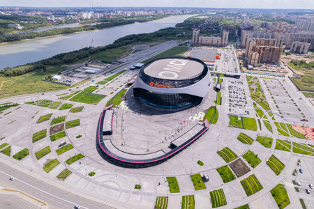 Omsk, Russia - July, 2023 Hockey G-Drive Arena, view from a droneのeditorial素材