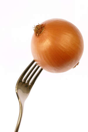 onion on forkの写真素材