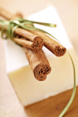 cinnamon scented bar of soap, focus on lower cinnamon stick.の写真素材