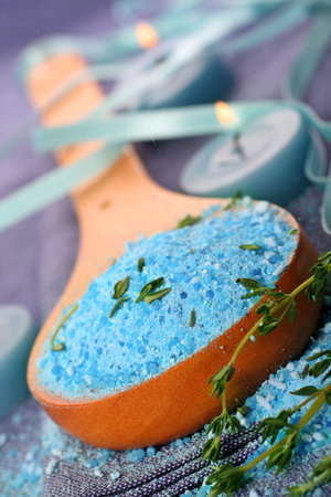 thyme scented bath salts, candles and ribbon, ready to pamper yourself.の写真素材