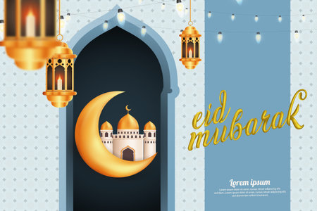 Crescent Moon with Mosque and Lantern, Eid Mubarak Greetingsのイラスト素材