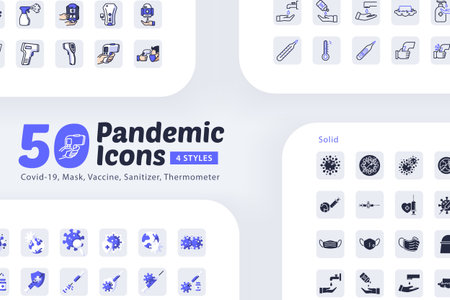 50 Pandemic icons with 4 different Variations, Covid 19, Mask, Sanitizer, Vaccine, Thermometer