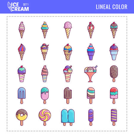 25 Ice Cream Icons Set 1, Lineal Color Ice Cream Icons Packのイラスト素材