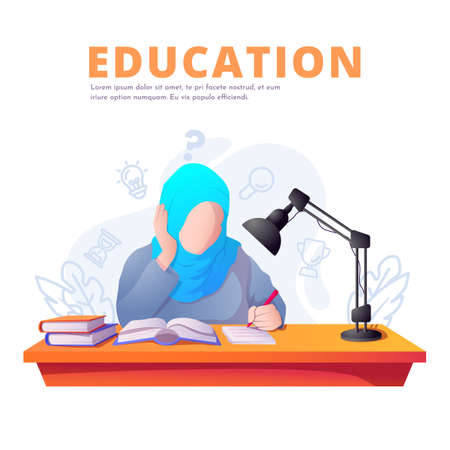 Muslim Girl Education Vector illustration background, Education purpose modern simple colorful vector design templateのイラスト素材