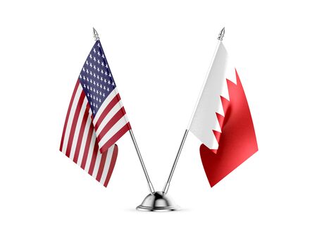 Desk flags, United States  America  and Bahrain, isolated on white background. 3d imageの写真素材