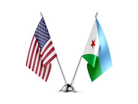Desk flags, United States  America  and Djibouti, isolated on white background. 3d image-Recoveredの写真素材
