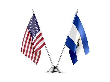 Desk flags, United States  America  and El Salvador, isolated on white background. 3d imageの写真素材