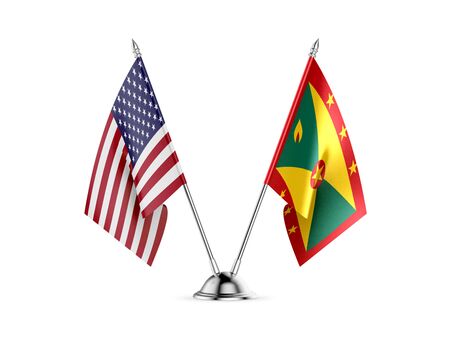 Desk flags, United States  America  and Grenada, isolated on white background. 3d imageの写真素材