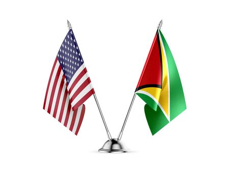 Desk flags, United States  America  and Guyana, isolated on white background. 3d imageの写真素材