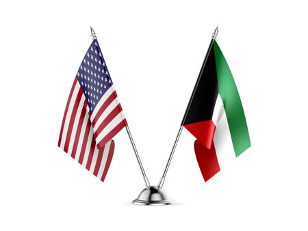 Desk flags, United States  America  and Kuwait, isolated on white background. 3d imageの写真素材