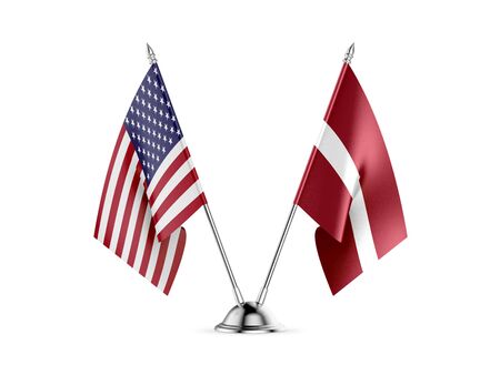 Desk flags, United States  America  and Latvia, isolated on white background. 3d imageの写真素材
