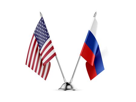 Desk flags, United States  America  and Russia, isolated on white background. 3d imageの写真素材