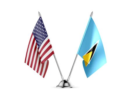 Desk flags, United States  America  and Saint Lucia, isolated on white background. 3d imageの写真素材