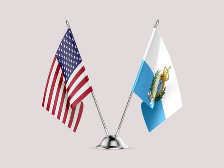 Desk flags, United States  America  and San Marino, isolated on white background. 3d imageの写真素材