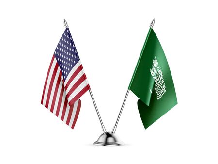 Desk flags, United States  America  and Saudi Arabia, isolated on white background. 3d imageの写真素材