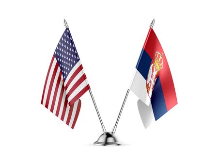 Desk flags, United States  America  and Serbia, isolated on white background. 3d imageの写真素材