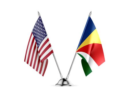 Desk flags, United States  America  and Seychelles, isolated on white background. 3d imageの写真素材