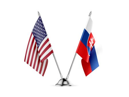 Desk flags, United States  America  and Slovakia, isolated on white background. 3d imageの写真素材