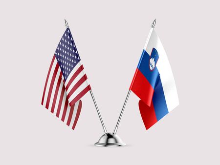 Desk flags, United States  America  and Slovenia, isolated on white background. 3d imageの写真素材