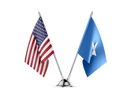 Desk flags, United States  America  and Somalia, isolated on white background. 3d imageの写真素材