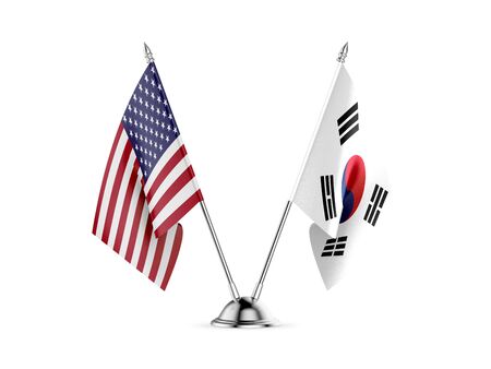Desk flags, United States  America  and South Korea, isolated on white background. 3d imageの写真素材