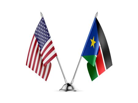 Desk flags, United States  America  and South Sudan, isolated on white background. 3d imageの写真素材