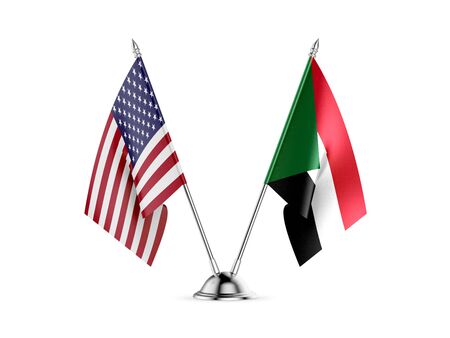 Desk flags, United States  America  and Sudan, isolated on white background. 3d imageの写真素材