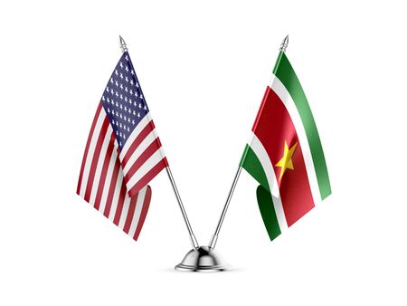 Desk flags, United States  America  and Suriname, isolated on white background. 3d imageの写真素材