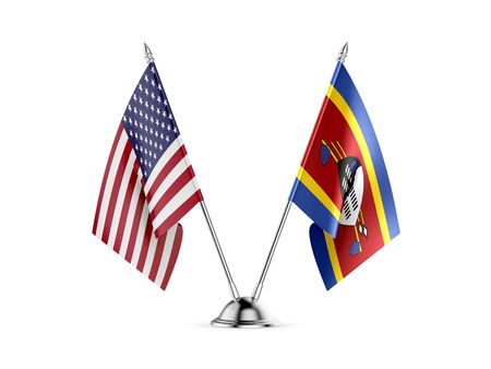 Desk flags, United States  America  and Swaziland, isolated on white background. 3d imageの写真素材