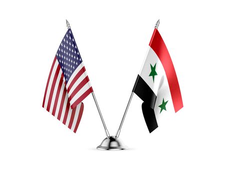 Desk flags, United States  America  and Syria, isolated on white background. 3d imageの写真素材