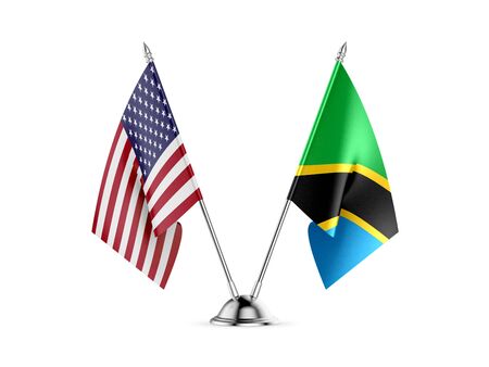 Desk flags, United States  America  and Tanzania, isolated on white background. 3d imageの写真素材