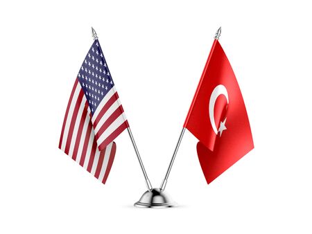 Desk flags, United States  America  and Turkey, isolated on white background. 3d imageの写真素材