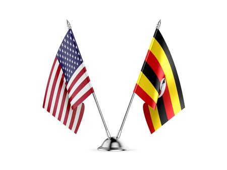 Desk flags, United States  America  and Uganda, isolated on white background. 3d imageの写真素材