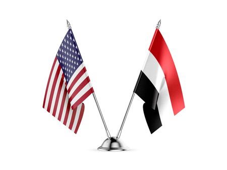 Desk flags, United States  America  and Yemen, isolated on white background. 3d imageの写真素材