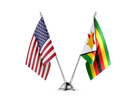 Desk flags, United States  America  and Zimbabwe, isolated on white background. 3d imageの写真素材